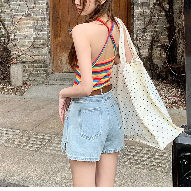 MQTIME - Women's Light Blue High Waisted Denim Shorts Summer Young Girl Vintage American Street Style Female Loose Mini Jeans