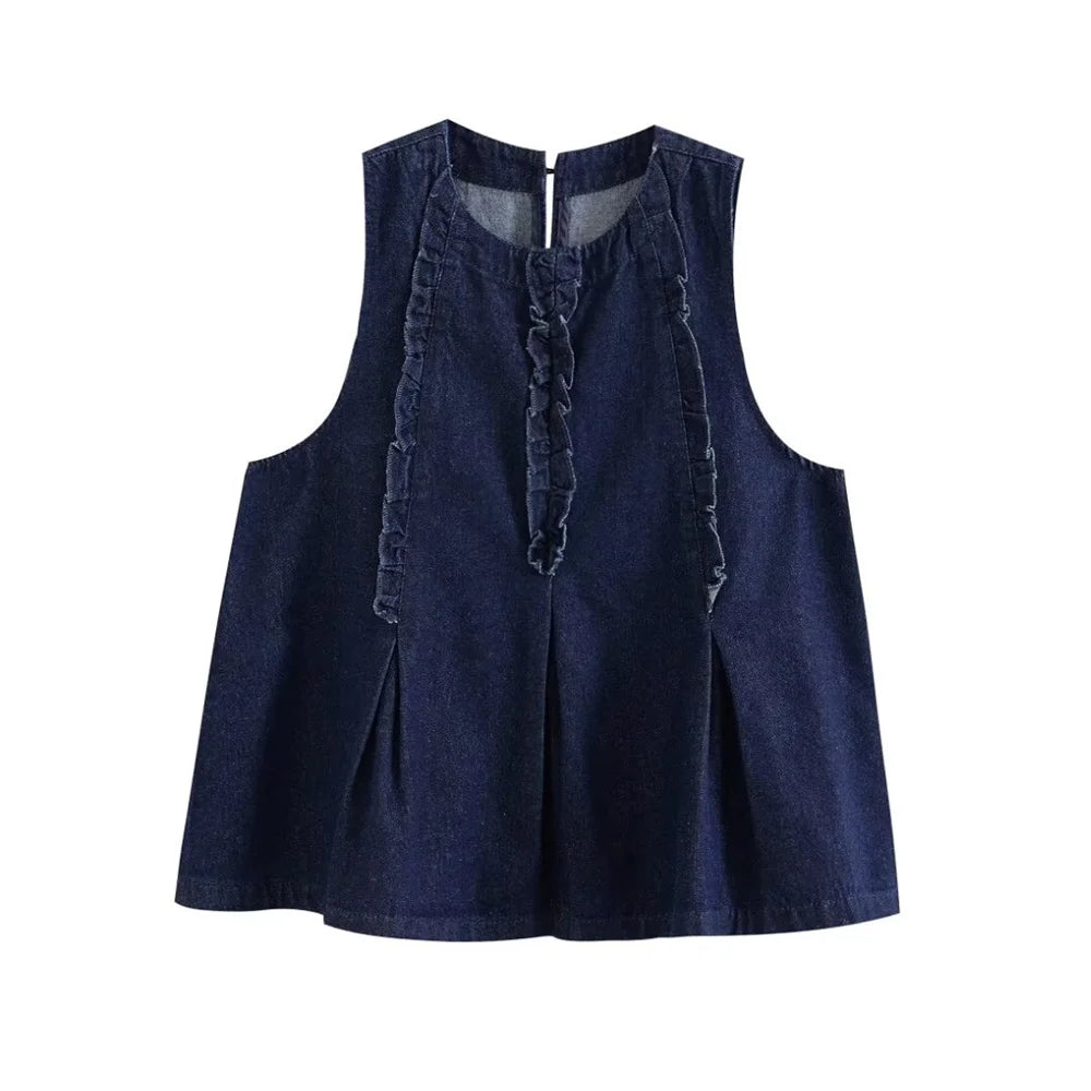 MQTIME - 2024 Summer New Product Women's Style Loose Fit Round Neck Sleeveless Solid Wood Ear Edge Denim Top