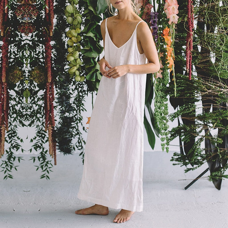 nvxiot Casual Loose Cotton Linen Women'S Dresses Summer Sexy Spaghetti Strap Sleeveless Harajuku Long Midi Party Club Dress