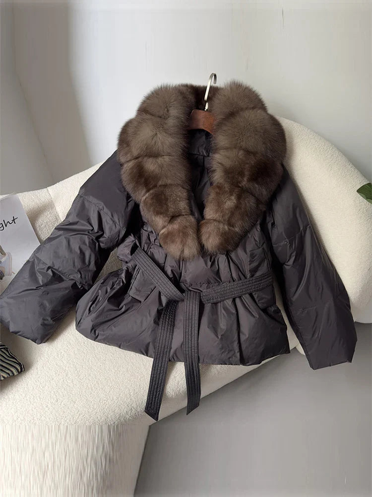 MQTIME - 2024 Autumn Winter Women 90% White Duck Down Jacket Fox Fur Coat Parkas Feather Short Puffer Coat