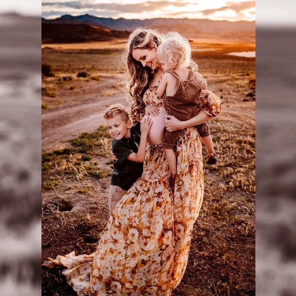 nvxiot - Fall Outfits 2024 Bohemian Photo Shooting Pregnancy Dress Printed Chiffon Off Shoulder Two-Piece Dress Maternity Dresses For Baby Showers