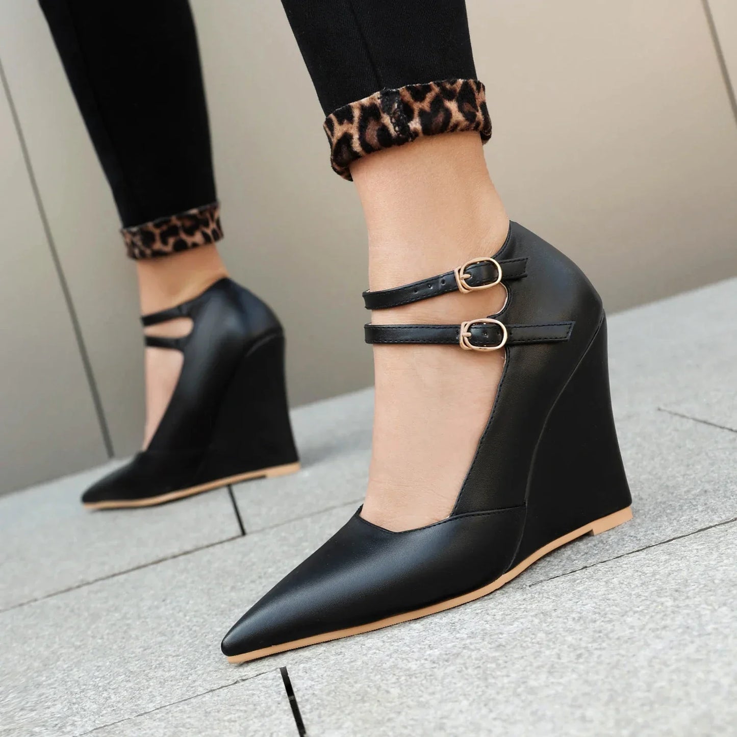MQTIME - 2024 new spring summer women pumps plus size 22-28cm Superfiber upper pointed toe wedges buckle Mary Jane shoes high heels