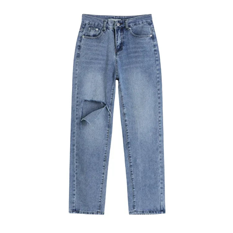 nvxiot - New Summer Women High Waist Straight Jeans Street Style Casual Ripped Hole Jeans Female Blue Washed Loose Pop Denim Pants