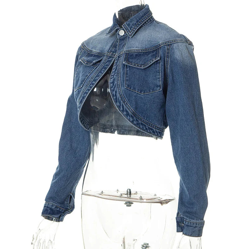 nvxiot - Women Jeans Cardigan Turn Down Collar Long Sleeve Pockets Single Button Short Denim Jackets Crop Tops Female Casual Coats