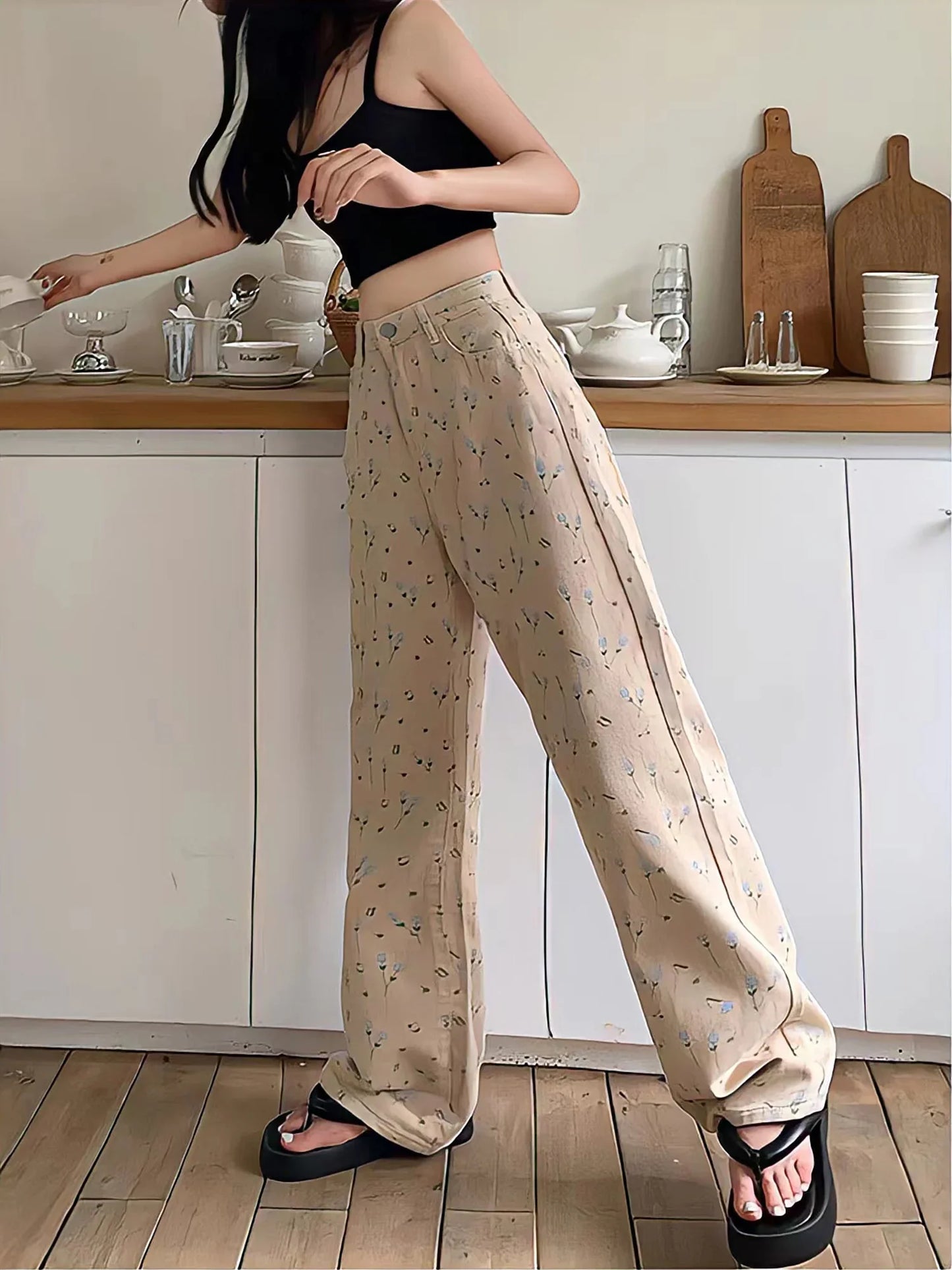 nvxiot - Plus Size Women'S Straight Jeans Small Fragmented Flower Printed Denim Pants Y2k New Wide Leg Chic Ladies Fashion Long Trouser