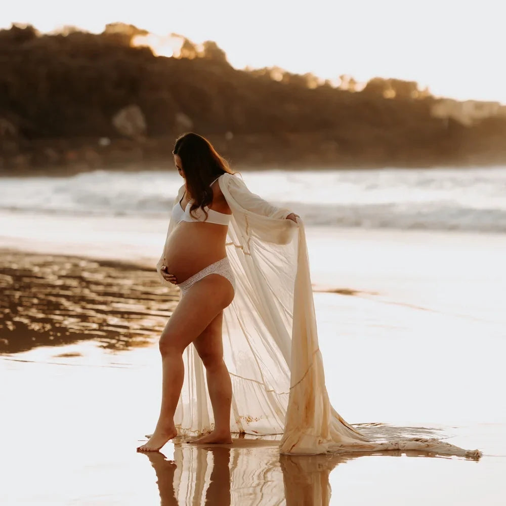 nvxiot - Photography Dress For Women Sexy Transparent Beige Chiffon Beach Robe Maternity Gown For Photo Shoot Boho Style Boho Style Dress