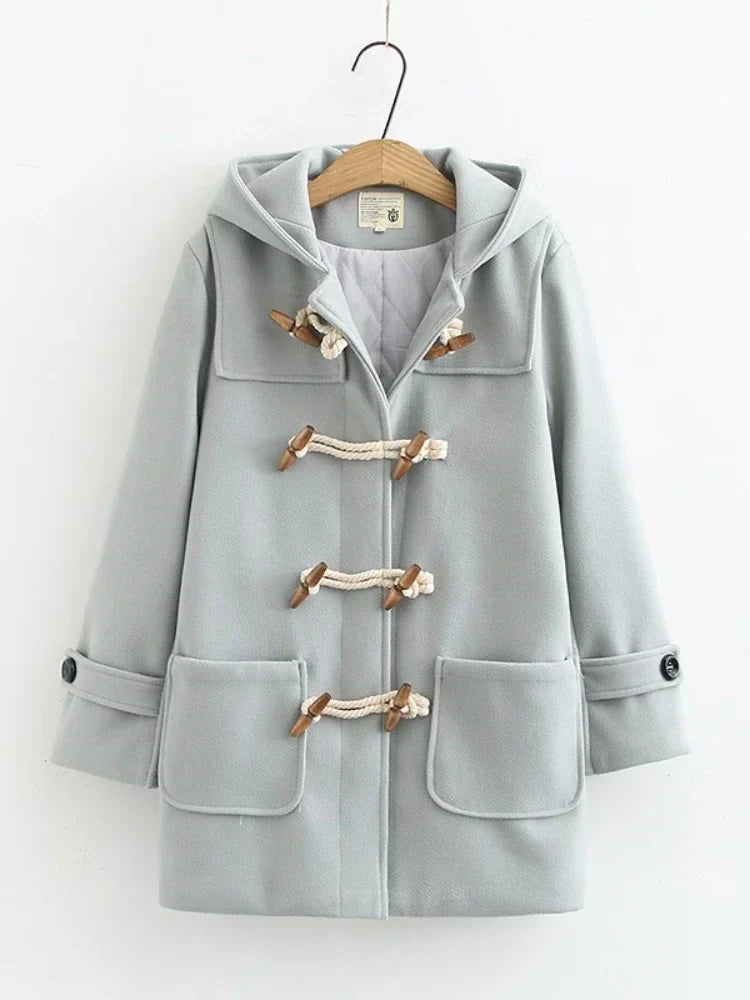 nvxiot - Winter Women Wool Blends Coat Straight Long Hooded Coats Jacket Horn Button Sleeve Preppy Style Female Warmness Outwears