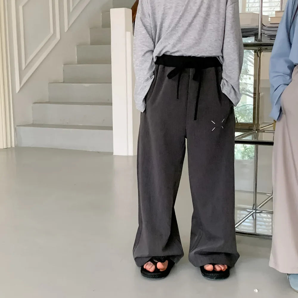 MQTIME - Korean 2024 Toddler Boy Pant Solid Elastic Waist Spliced Baby Girl Straight Pant Loose Casual Drawstring Kid Girl Wide Leg Pants
