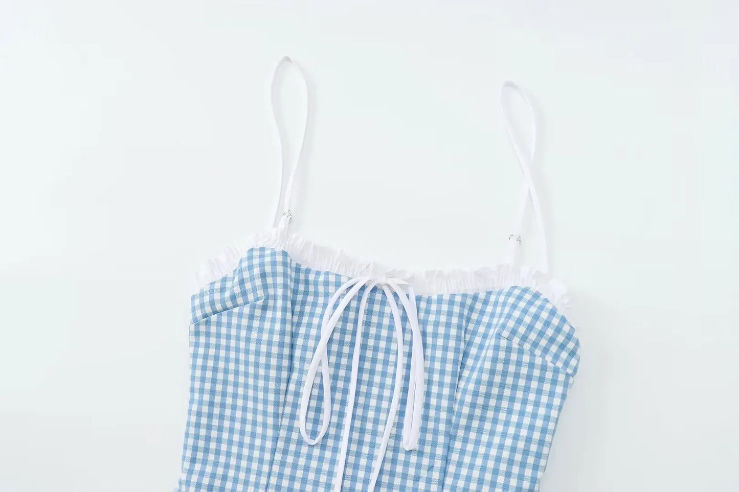 MQTIME - Woman's Fashion Sexy Slim Tank Top Blue Plaid Sleeveless Backless Bow Lace-Up Decorate Summer Short Tops Woman Trendy