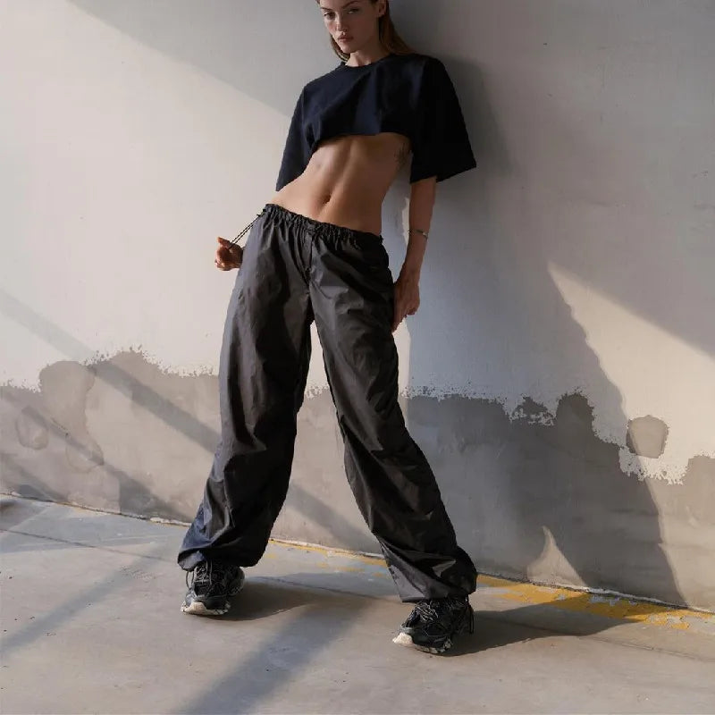 nvxiot Retro low waist drawstring casual pants women's summer bundle feet loose straight pendant pants everything with wide leg pants