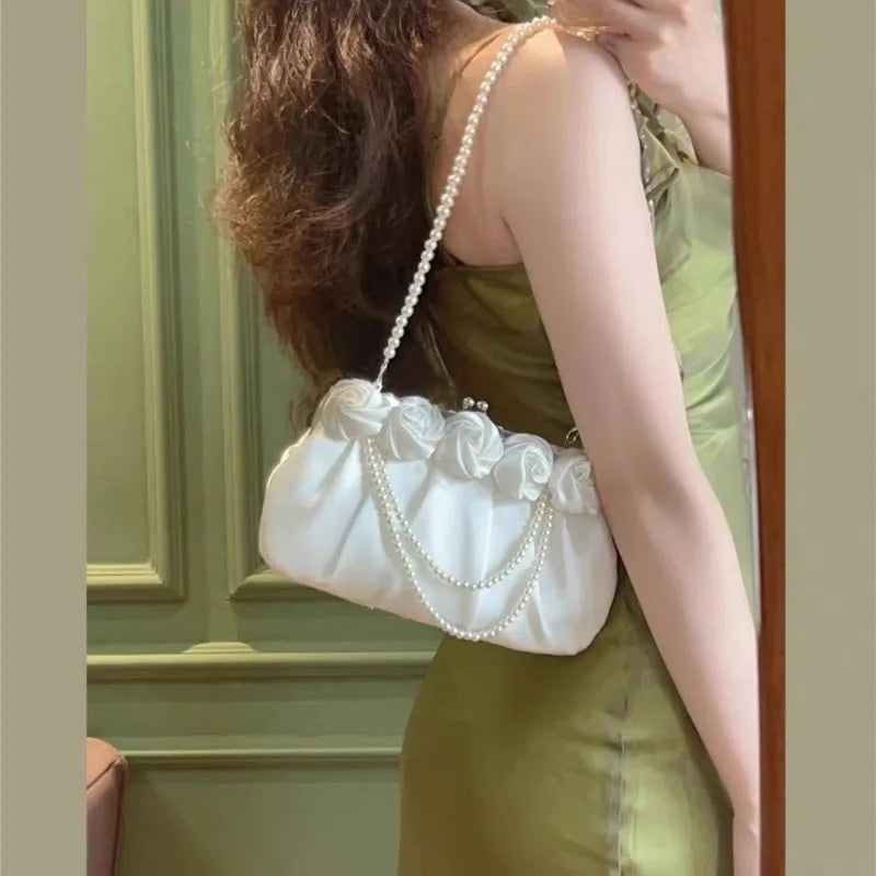 nvxiot - Fairycore White Hand Bag Purse Women Chinese Style Pearl Chic Elegant Messenger Bag Ladies Handle Y2k Handbag Aesthetic