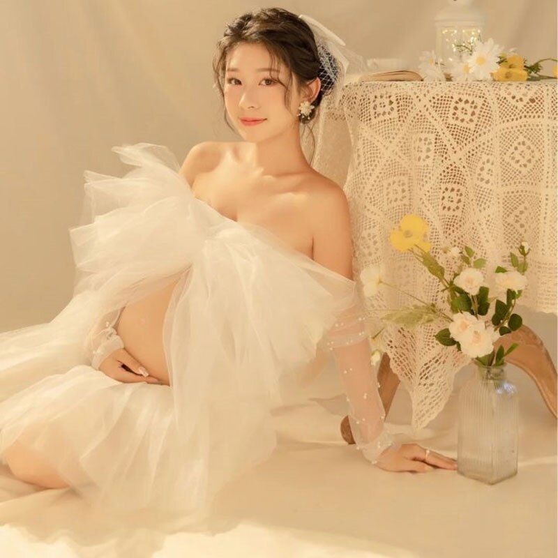 nvxiot Maternity Dress Set for Photo Shoot Summer Sexy Shoulderless White Tulle Top+ Skirt 2 Pieces Set for Pregnant Women Photography