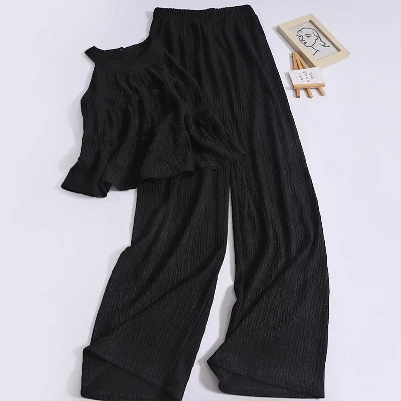 nvxiot - Summer New Sweet Ruffles O Neck Sleeveless Tops High Waist Loose Casual Straight Pants Fashion Two-piece Set for Women Outfits