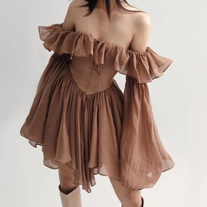 nvxiot Elegant Dresses Female Slash Neck Lace Up Flare Sleeve Patchwork Ruffle Casual Dress for Women Fashion Summer New