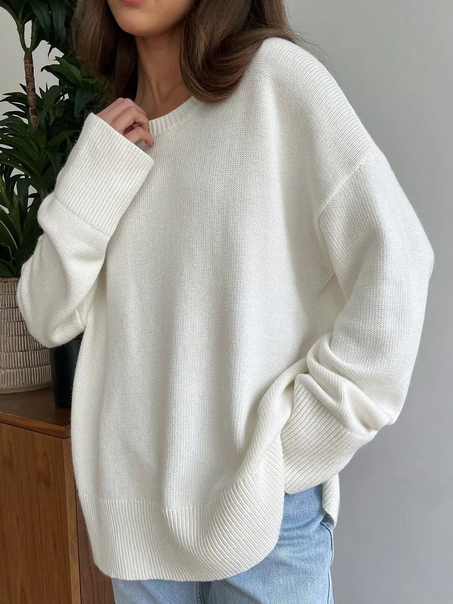 nvxiot Blue Basical O-Neck Slit Sweater Knitwear Women Autumn Long Sleeve Knitted Pullovers Loose-fit Casual Jumpers Clothing