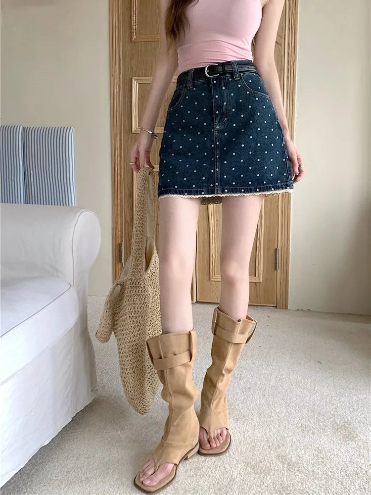 MQTIME - Vintage Blue Dot Cowboy Mini Skirts for Women Lace Patchwork High Waist A-line Skirt Korean Style Cutecore Skirts Summer