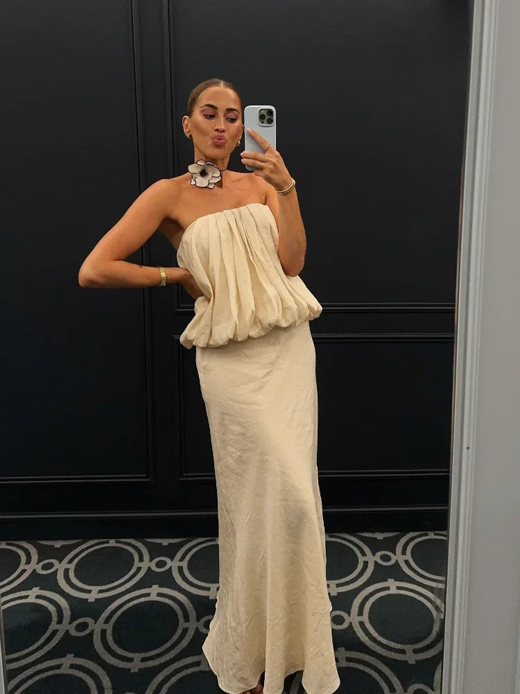 MQTIME - Folded Ruffles Strapless Top Women Suits Chic Sleeveless Short Top Maxi Skirt 2 Pieces Set 2024 Summer Lady Highstreet Outfits
