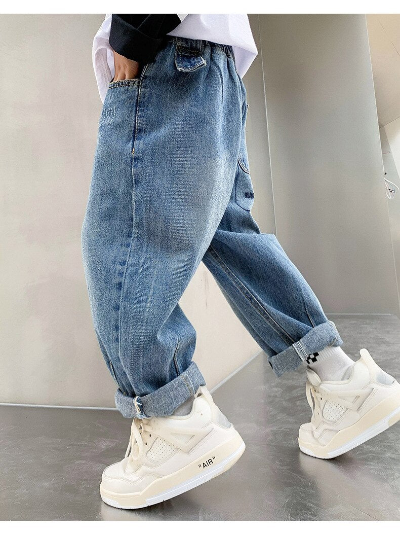 nvxiot Jeans for Boys Autumn Blue Fashion All-match Young Children's Casual Pants Winter Fleece Thick Kids Trousers 10 12 13 Years