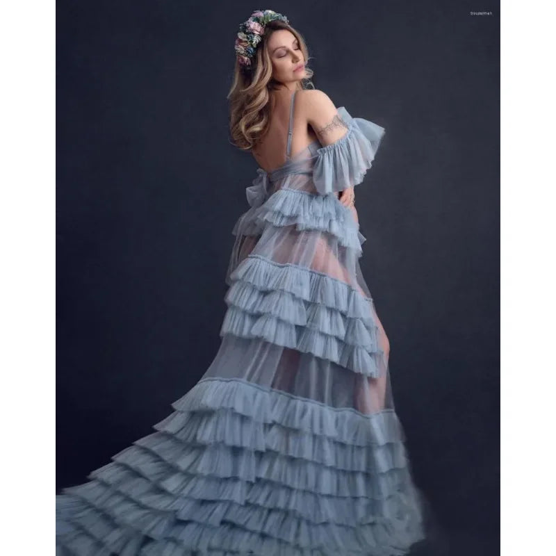 nvxiot - New Wraps Sexy Shoulder Sleepwear Pography Tiered Skirts Short Sleeve Nightdress Pregnant Women Fancy Pregnancy Dress