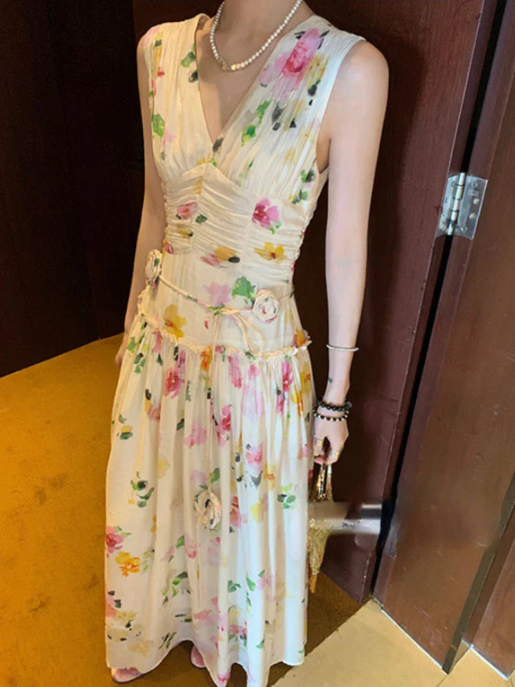 MQTIME - Summer Woman Holiday Dress Elegant Floral Midi Dress Beach Style Sexy Sleeveless Dresses Harajuku Outwear Korean Fashion Dress