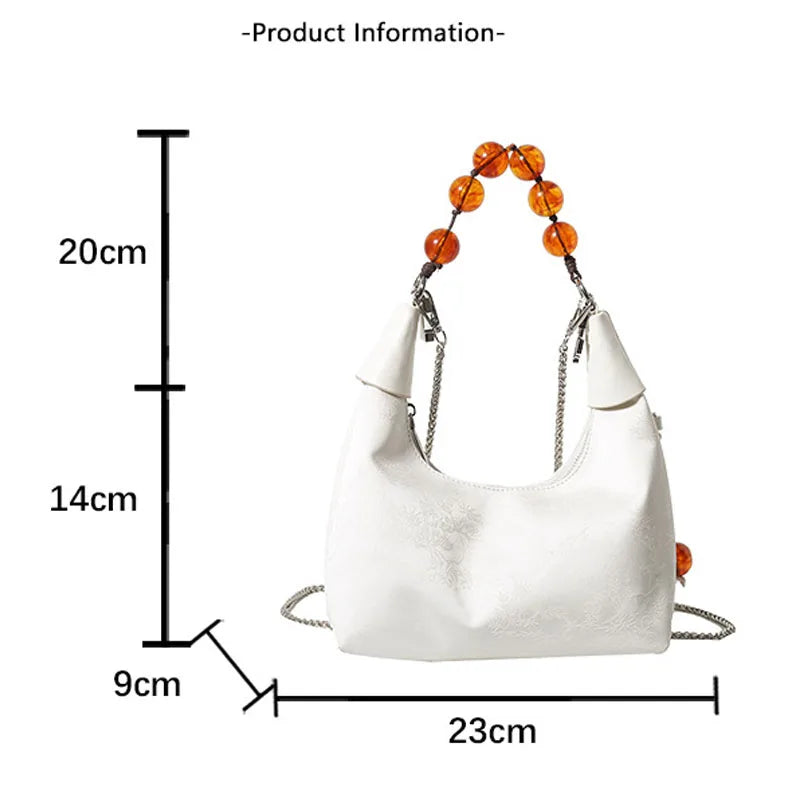 nvxiot - Trendy Beaded Handbags Vintage Fashion Chinese Style Small Tote Bags For Women Simple Silver Color Chain Shoulder Bag Crossbody