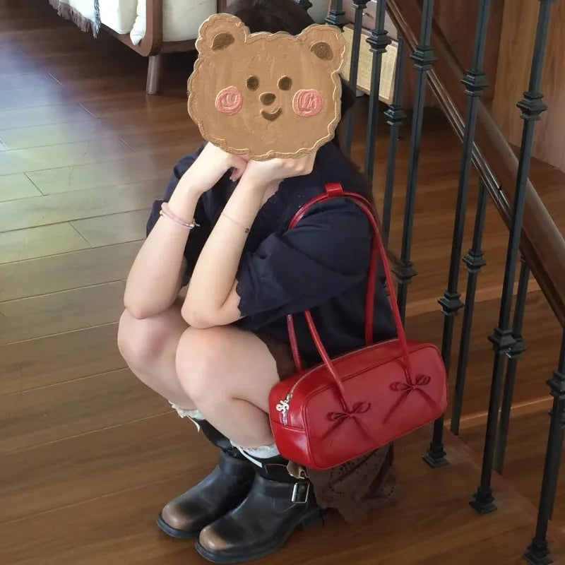 nvxiot - Red Womens Shoulder Bag Vintage Fashion Casual Elegant Bow Handbag Leather Advanced Literary Designer Female Aesthetic Bags