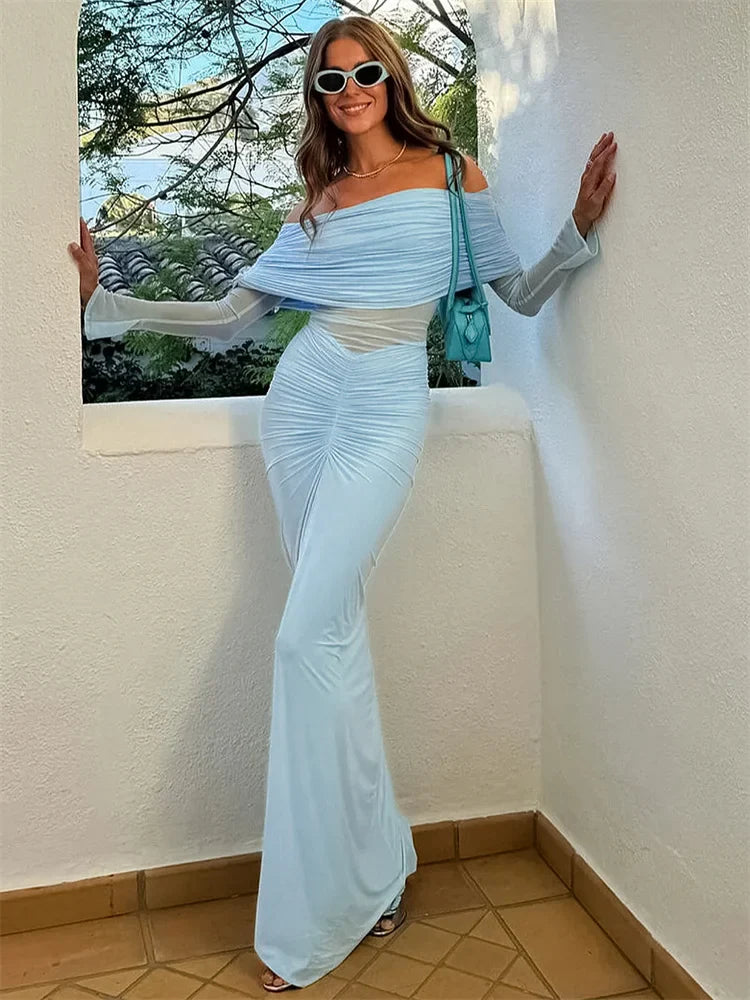 nvxiot - Pleated Mesh Off-Shoulder Maxi Dress Female See-Through Patchwork High Waist Fashion Gown Dress Women's Solid Long Dress