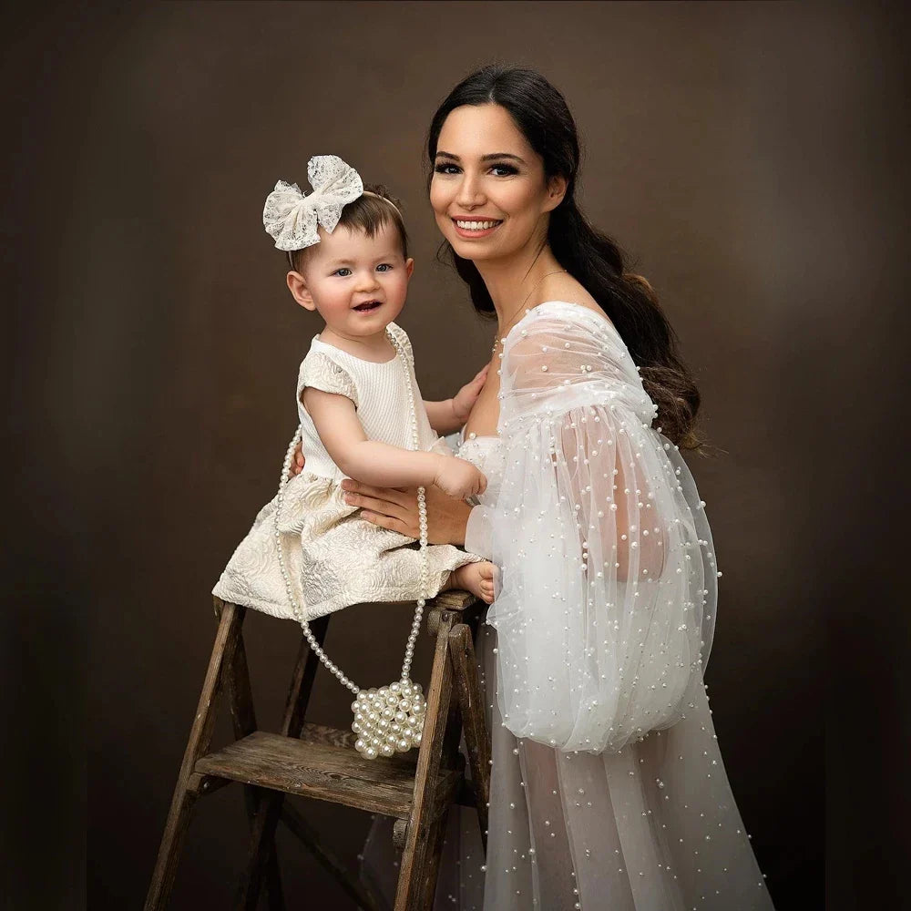 nvxiot Elegant Maternity Photography Props Dress Pearls Tulle Bridal Gown Maternity Dresses for Photoshoot Off Shoulder Babyshower Gown