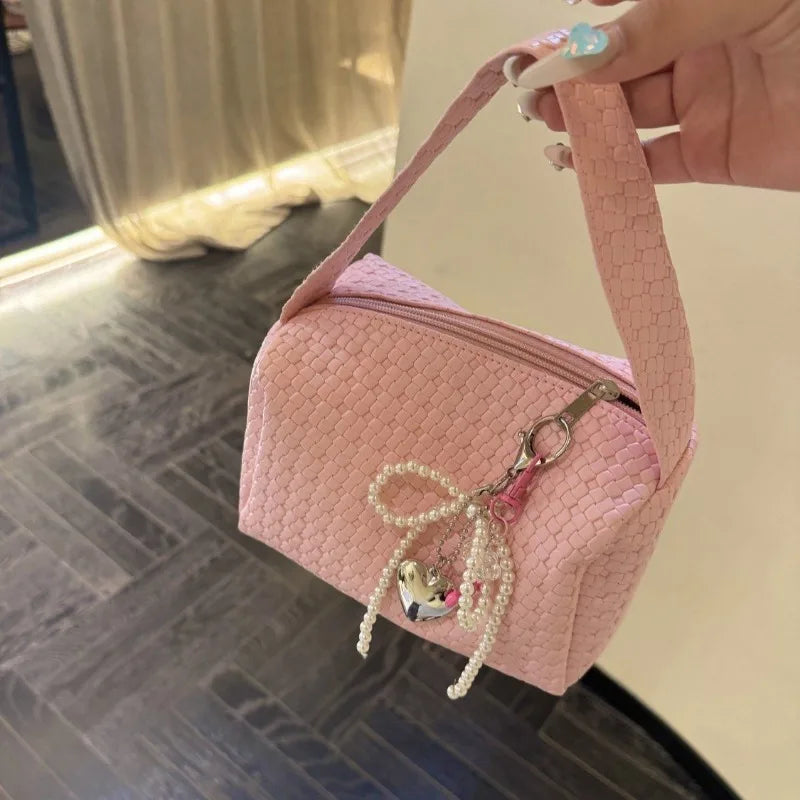 nvxiot - Pink Sweet Handbags for Women Weave Pattern Pu Leather Cosmetic Bag Portable Fashion Small Cute Elegant Ladies New in Bag