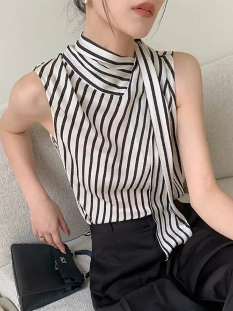 MQTIME - Black White Stripe Tank Tops for Women Sleeveless Bow Lace Up Collar Crop Top Office Lady Elegant Chic Clothing Summer