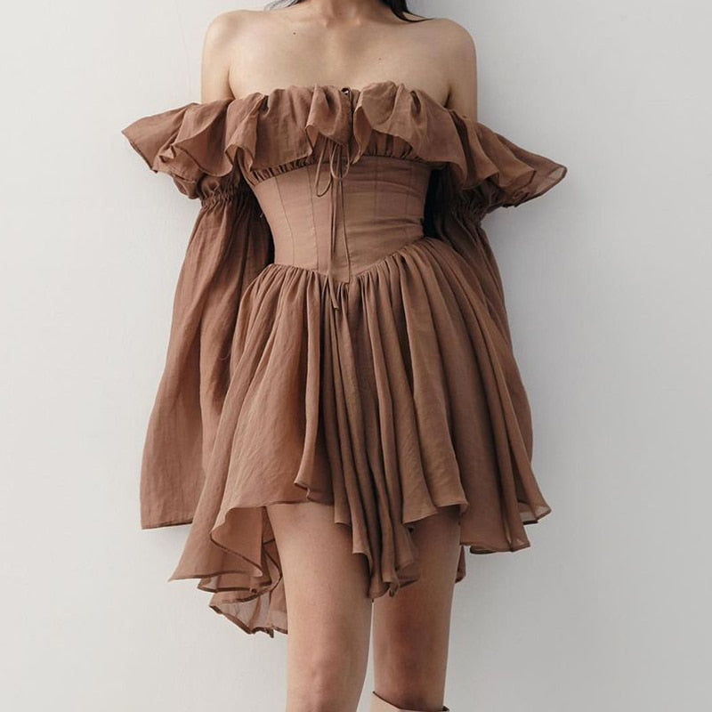 nvxiot Elegant Dresses Female Slash Neck Lace Up Flare Sleeve Patchwork Ruffle Casual Dress for Women Fashion Summer New