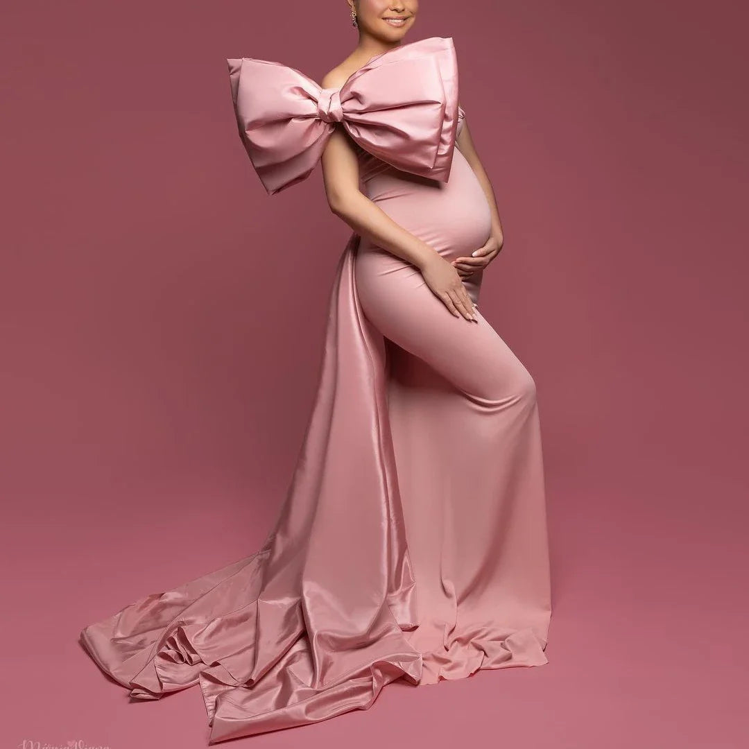 nvxiot - Pink Bow Wedding Maternity Dress for Photoshoot Plus Size Pregnancy Baby Shower Photography Gown for Wedding Guest Custom #18457