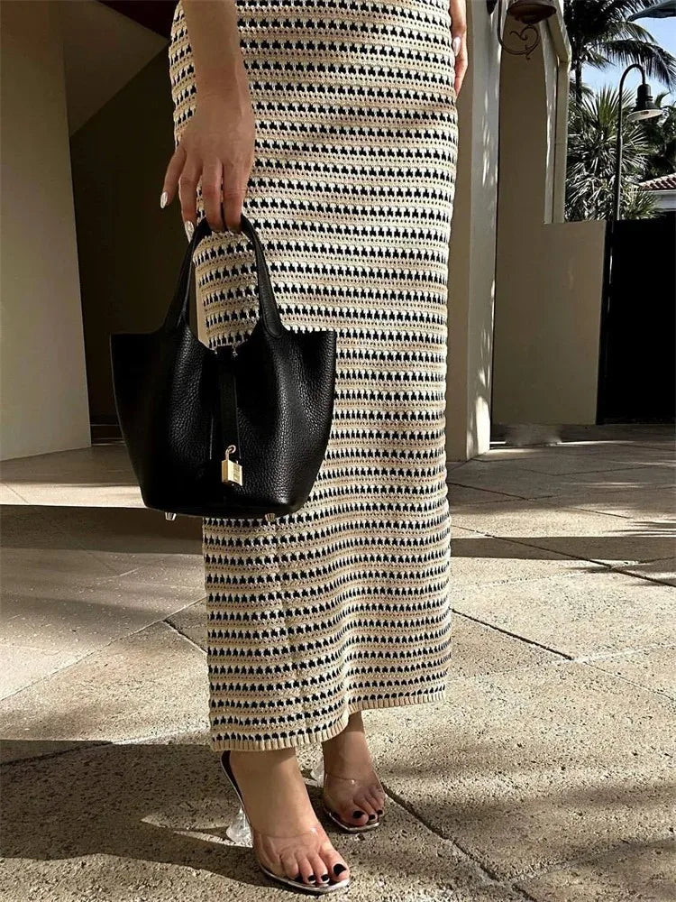 nvxiot - Striped See-Through Long Dress Female Elegant Sleeveless High Waist Patchwork Fashion Beach Dress Knit Maxi Dress Summer