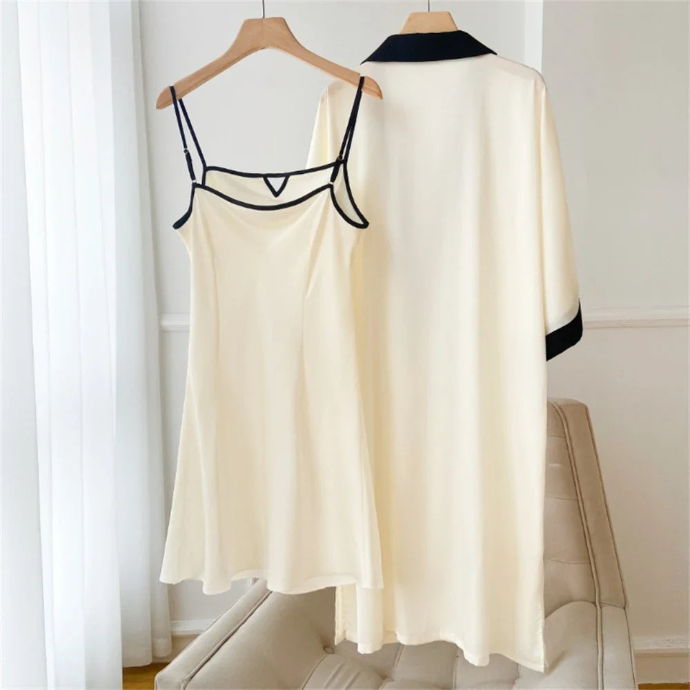 MQTIME - 2 Pieces Home Clothing Women Pyjamas Sets Faux Silk Pajamas Sleepwear Sets Bath Gown Robe