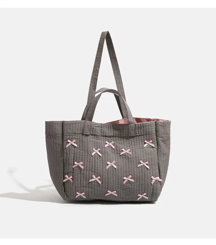 nvxiot - Large Capacity Grey Tote Bag Women Harajuku Bow Chic Canvas Handbag Messenger Bag Ladies Casual Crossbody Bags Aesthetic
