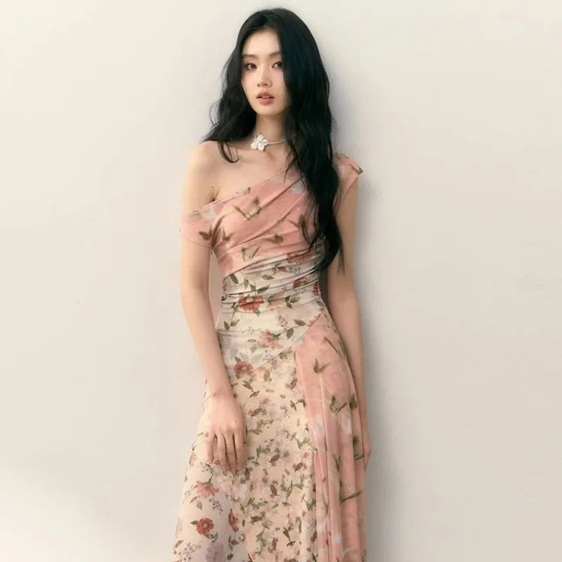 MQTIME - Fragmented Floral Patchwork Dress For Women'S Summer New High-End Design, Elastic Mesh Diagonal Shoulder Slit Irregular Slim Fit