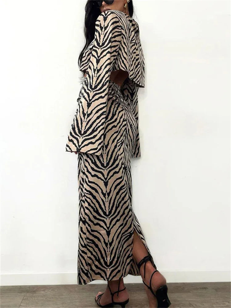 nvxiot - Zebra Printed 2 Piece-Set Long Skirt For Women Striped Lace-Up Cropped Top And High Waist Fashion Maxi Skirt Outfits 2024
