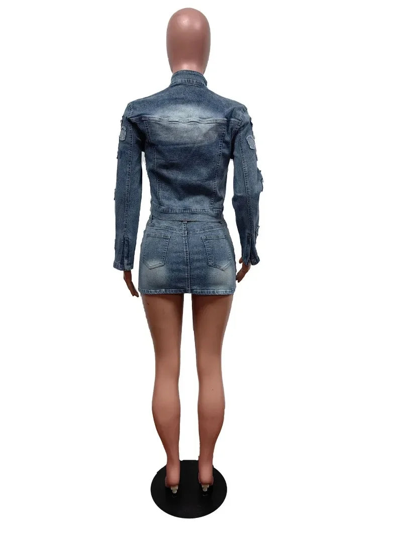 nvxiot - Embroidery Tassel Jeans Two Piece Set Women Stand Collar Long Sleeve Short Jackets Tops Bodycon Mini Skirts Fashion Denim Suits