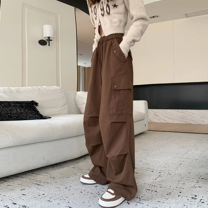 nvxiot Women cargo pants Autumn Winter New Elastic High Waist Wide Leg Casual Pants y2k Women American Loose Sports Parachute trousers