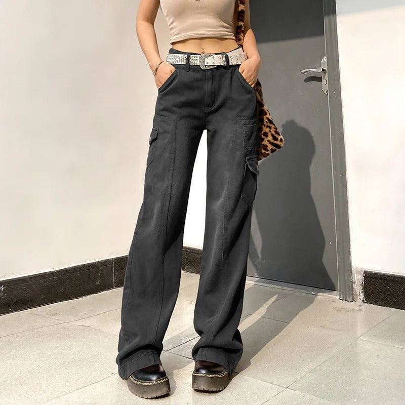 nvxiot Jeans for women high-waisted straight casual pants irregular pocket cargo pants mopping women's retro denim wide-leg trousers