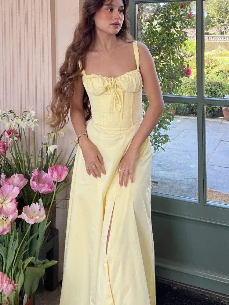 MQTIME - French Vintage Strap Birthday Party Dress High Split Lace-up Summer Off Shoulder A-line Sleeveless Prom Robe Solid Vestido Mujer
