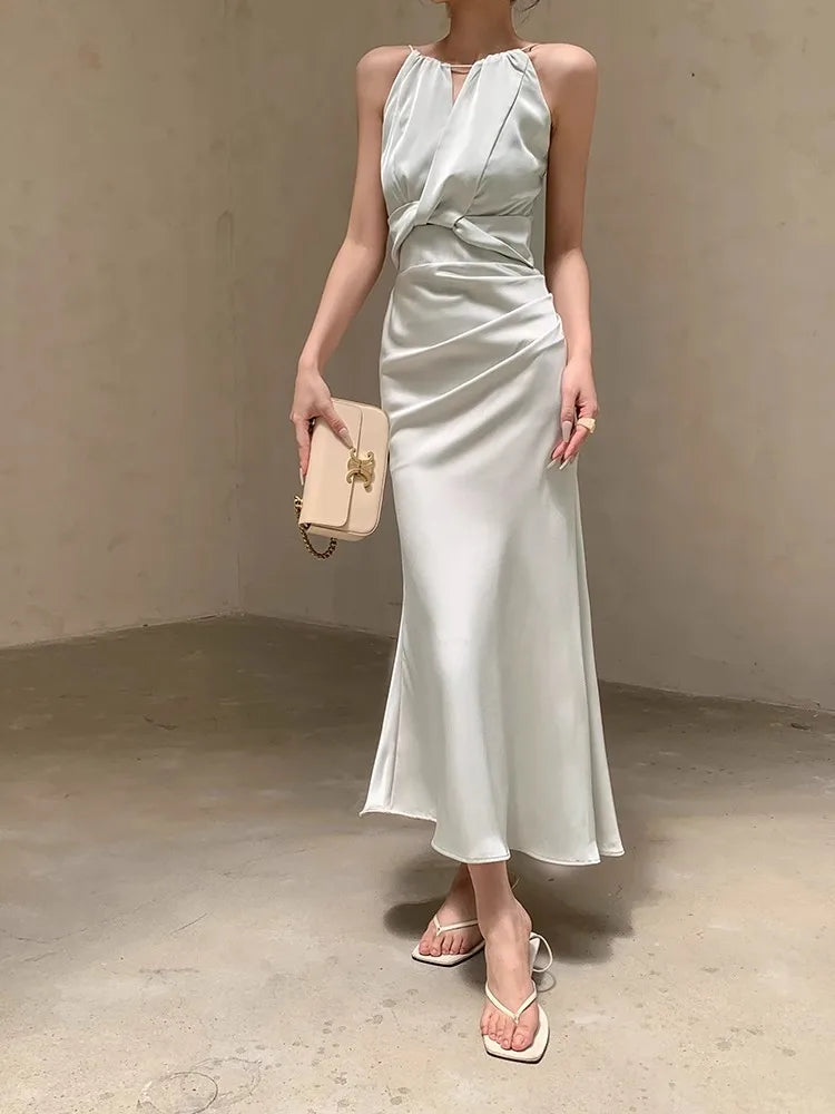 nvxiot - White Neck Hanging Dress New Women'S Satin Rope Fishtail Slit High-End Slim Fit Long Dress