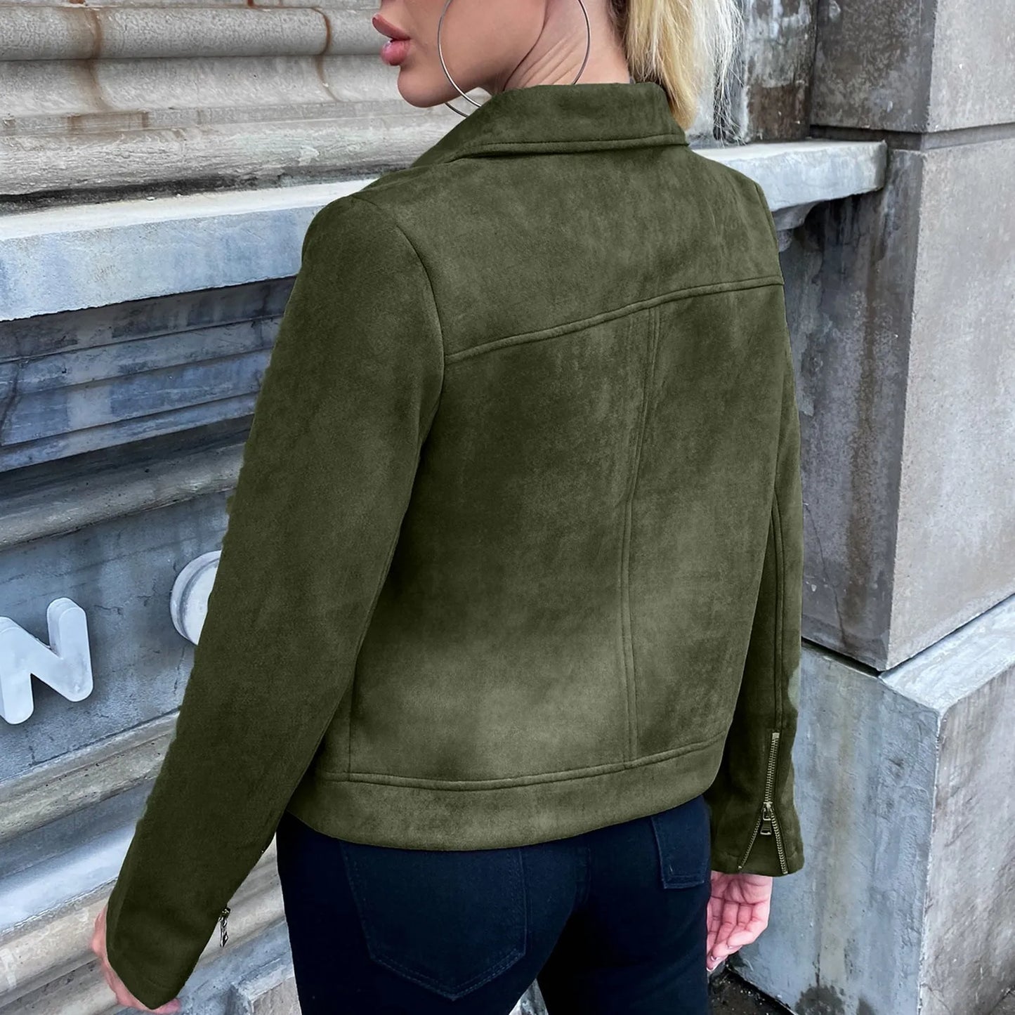 MQTIME - Women's Stylish Brown Leather Jacket Autumn New Classic Casual Irregular Zip Up Outerwear Ladies Skinny Long Sleeve Jacket