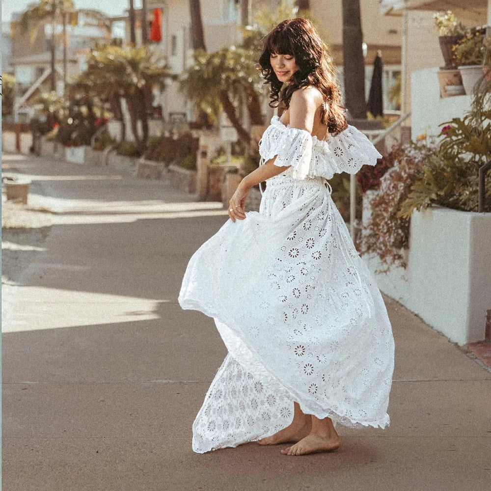 nvxiot - Photography Dress For Women White Hollow Cotton One Shoulder Sexy Bohemian Photoshoot Dress Maternity Dresses For Baby Showers