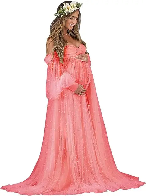 nvxiot - Pearl Tulle Maternity Dress for Photoshoot Long Puffy Sleeve Off Shoulder Babyshower Bridal Pregnancy Gowns