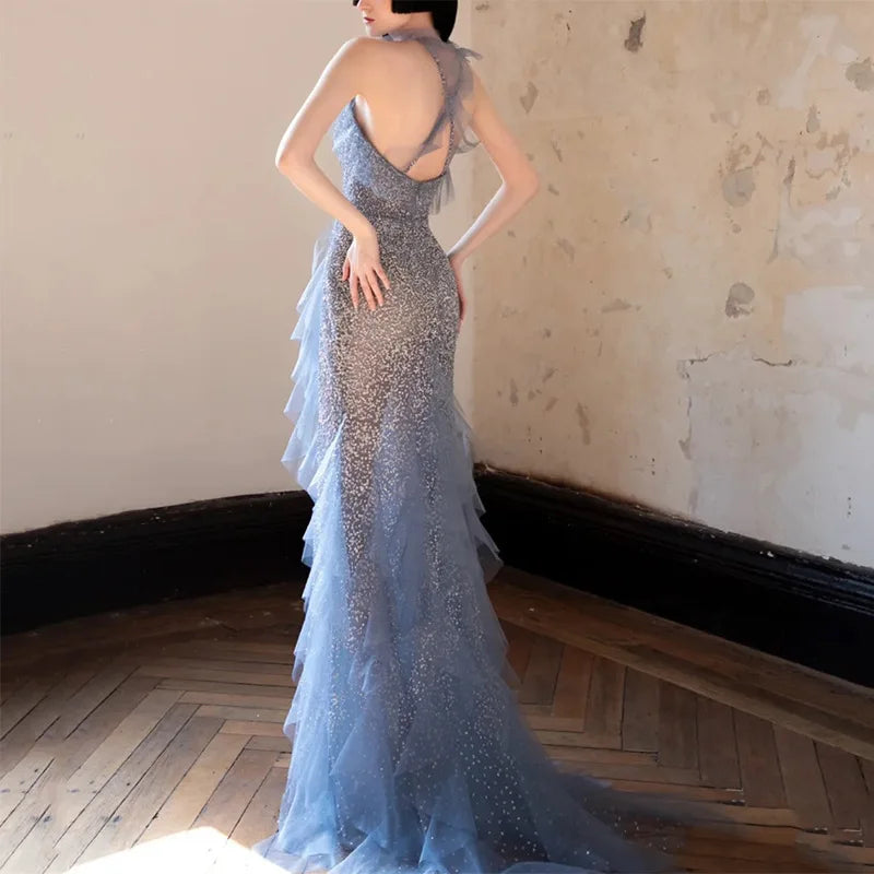MQTIME - Women Blue Beading Prom Gowns Formal Halter Long High Split Evening Gowns Vestido De Fiesta