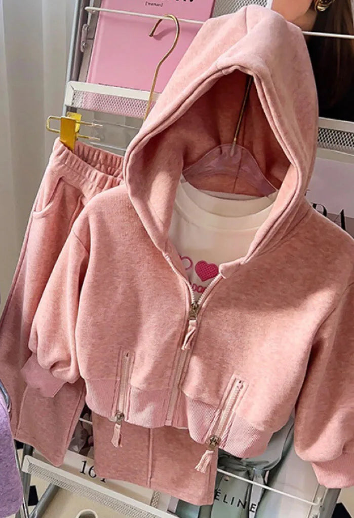 MQTIME - Spring Autumn Children Girl 2PCS Clothes Set Cotton Zipper Hooded Outwear Coat Solid Flared Pant Baby Girl Suit Kid Girl Outfits
