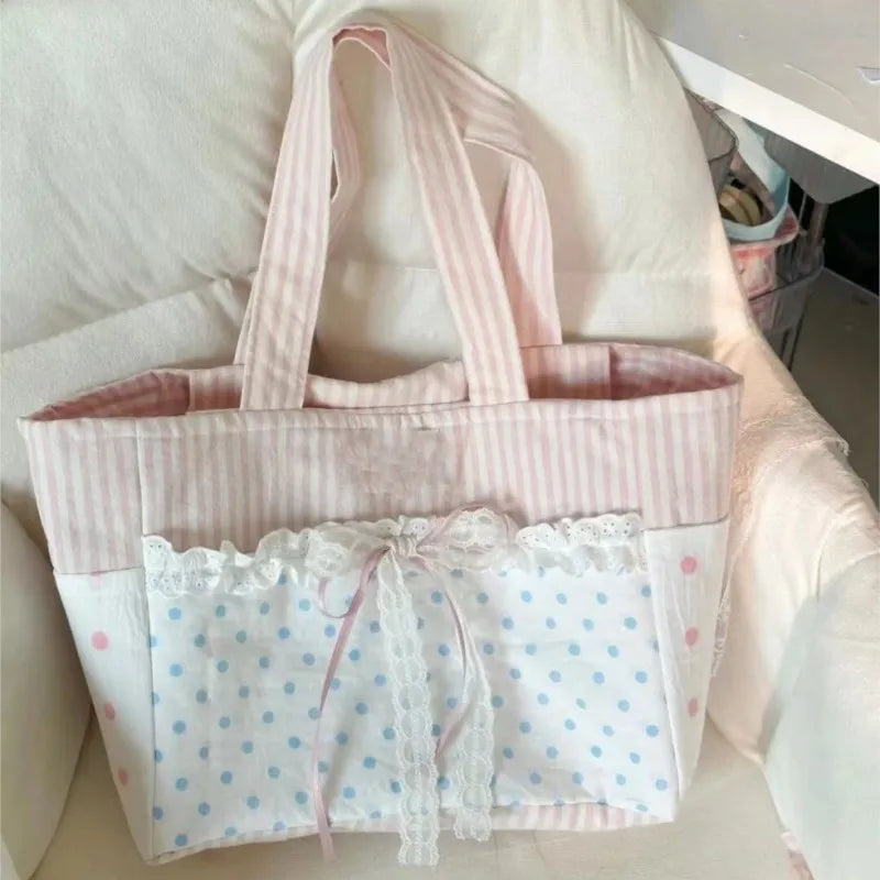 nvxiot - Harajuku Large Capacity Canvas Bag Women Versatile Bow Lace Canvas Shoulder Bags Female Sweet Cute Y2k Handbag Aesthetic