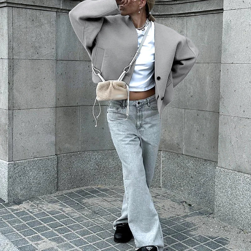 nvxiot Vintage Woolen Oversized Short Overcoat Jacket Women Fashion Button V-Neck Long Sleeved Coats Winter Loose Street Outerwear
