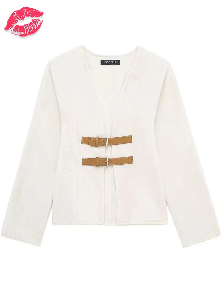 nvxiot - Lace-Up V-Neck Fashion Outwear For Women Patchwork High Waist Cropped Elegant Party Clothes Autumn Bandage Coat Y2k Top